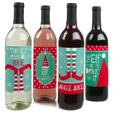 Big Dot of Happiness Elf Squad - Elf Christmas Party Decorations for Women and Men - Wine Bottle Label Stickers - Set of 4