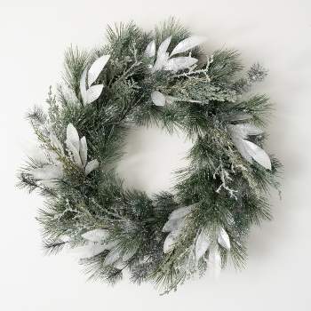 25"H Sullivans Frosted Snow Pine Wreath, Green Winter Wreaths For Front Door