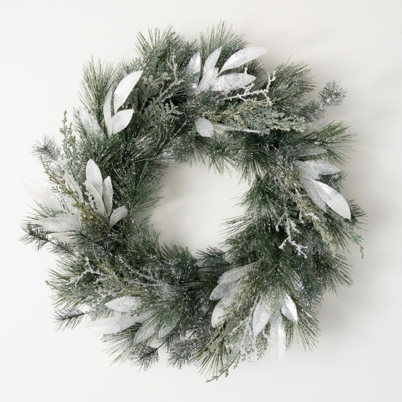 25"H Sullivans Frosted Snow Pine Wreath, Green Winter Wreaths For Front Door, 1 of 4