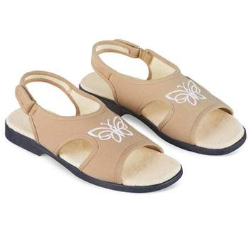 Collections Etc Embroidered Butterfly Canvas Open Toe Stretch Sandals with Adjustable Touch Closure