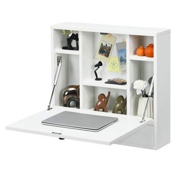 Tangkula Wall Mount Floating Desk Foldable Space Saving Laptop Workstation with Storage Drawer and Shelves Black/White