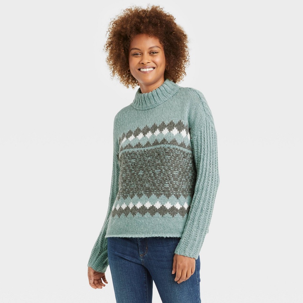 Women's Mock Turtleneck Fairisle Pullover Sweater - Knox Rose Blue XS