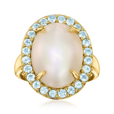 Ross-Simons 16x12mm Mabe Pearl and 1.00 ct. t.w. Swiss Blue Topaz Ring in 18kt Gold Over Sterling