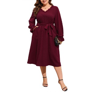 Womens Swiss Dot Maxi Dresses V Neck Flutter Long Sleeve Tie Belt A Line Flowy Long Dress - 1 of 4