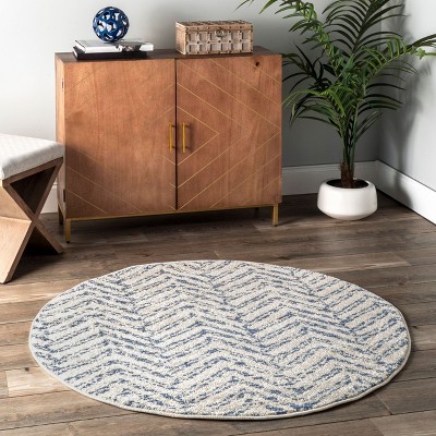 Reversible Geometric Blue Round Easy-Care Synthetic Rug
