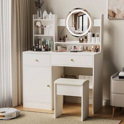 GlasFlength Makeup Vanity Tables Set with Lights in Openable Mirror, Drawers and Cabinets and Shelves, for Bedroom, White, 35.4"*15.7"*52"