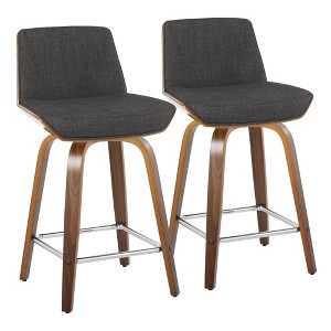 24" Mid-Century Modern Fixed-Height Counter Stool with Swivel in Wood and Fabric, Square Chrome Footrest, Set of 2 - 1 of 4