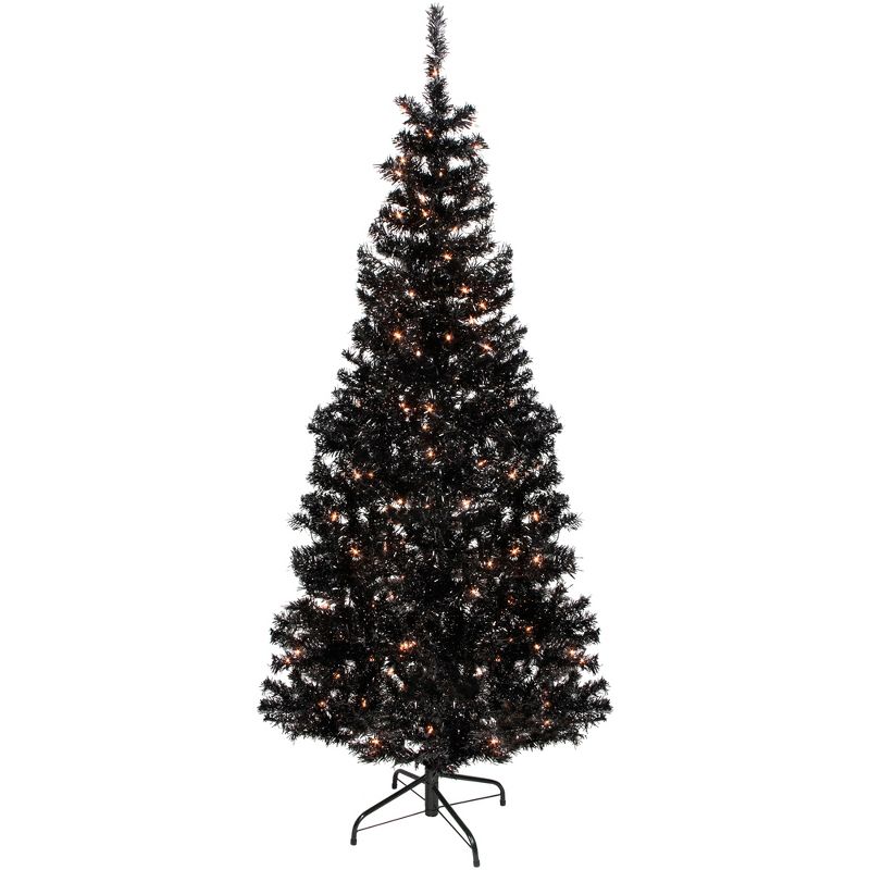 Northlight 6' Pre-Lit Black Artificial Tinsel Christmas Tree, Clear Lights, 1 of 8