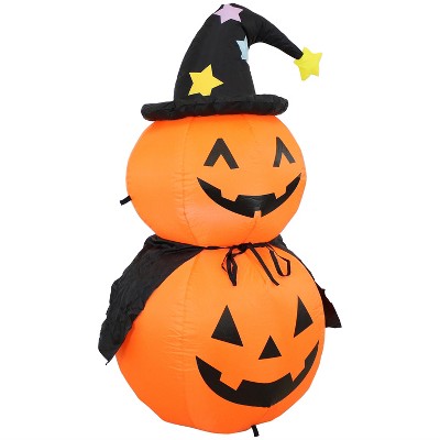 Sunnydaze 4 Foot Self Inflatable Blow Up Jack-O' Lantern Duo with Witch Hat Outdoor Holiday Halloween Lawn Decoration with LED Lights