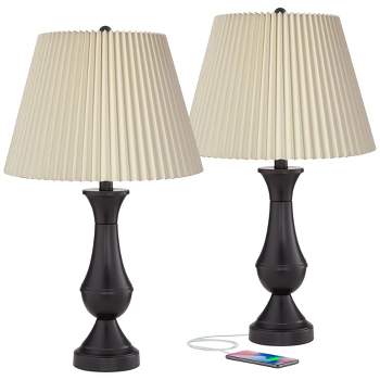 Regency Hill Blakely Modern Table Lamps 25" High Set of 2 Bronze with USB Charging Ports Touch On Off Ivory Linen Shade for Bedroom Living Room Desk