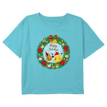 Girl's Pokemon Pikachu and Eevee Happy Holidays Crop Top T-Shirt