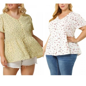 Women's Plus Size 2 Pieces Floral Ruffle Hem V Neck Short Sleeve Cinched Waist Casual Peplum Blouses with Buttons - Agnes Orinda - 1 of 4