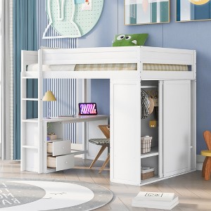 Full Size Loft Bed with Wardrobes and 2-Drawer Desk with Cabinet - 1 of 4