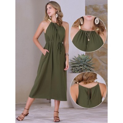 Женские платья INSPIRE CHIC Women's Halter Neck Belted Casual Summer Midi Dress Medium Army Green — фото 2