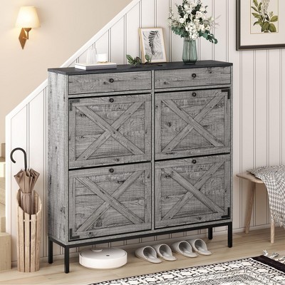 Brafabhome Gray Freestanding Shoe Cabinet with 4 Flip Drawers, Slim Entryway Shoe Storage Organizer with Shelves for Sneakers and Slippers | 16 Pairs