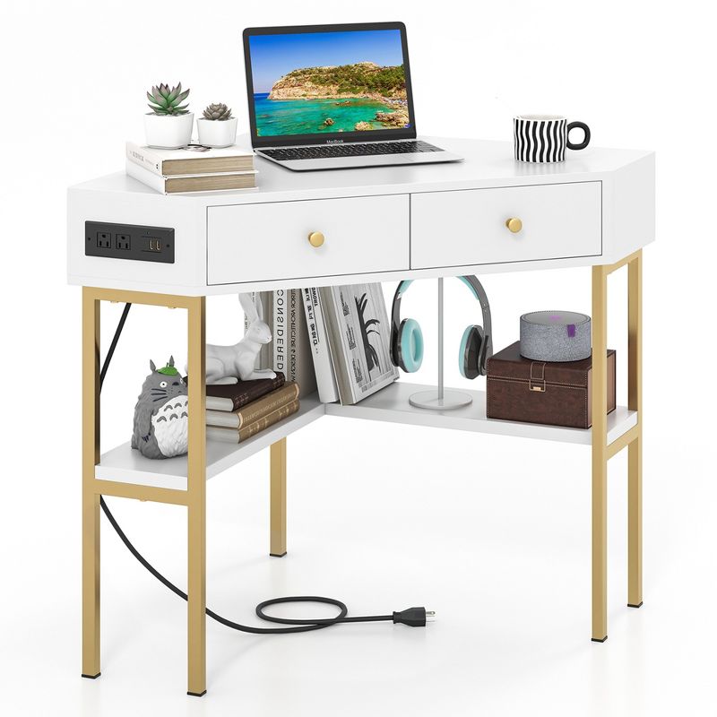 Costway Corner Computer Desk Writing Workstation Study Desk w/ 2 Drawers White\Black\Gold, 1 of 11