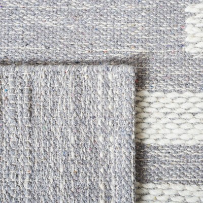 Gray and White Striped Kilim Wool-Cotton Square Rug