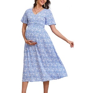Maternity V Neck Dress Ruffle Short Sleeve Summer A Line Midi Dress Baby Shower Photoshoot - 1 of 4