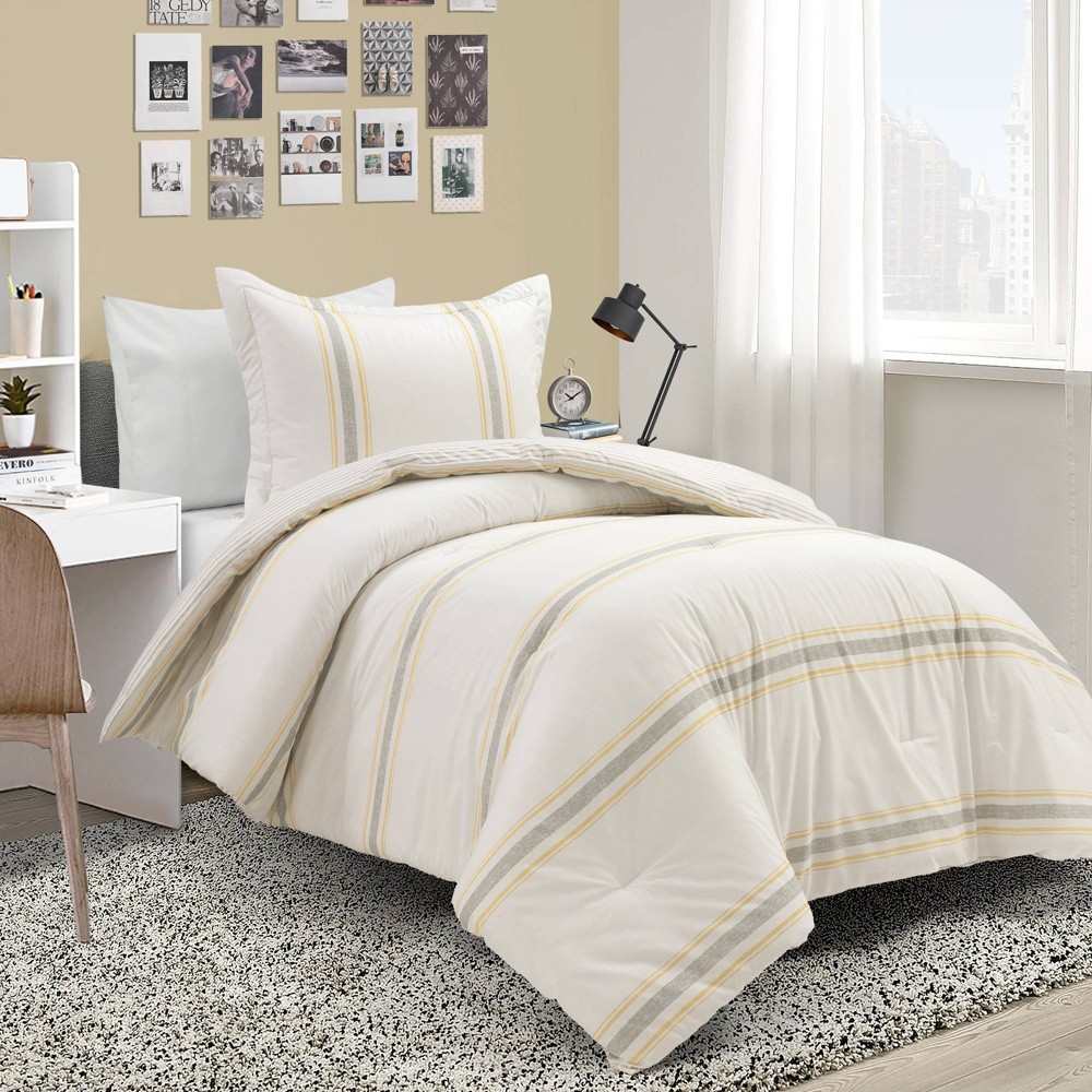 Photos - Bed Linen 3pc Full/Queen Farmhouse Stripe Reversible Comforter & Sham Set Yellow/Gray - Lush Décor