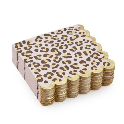 Sparkle and Bash 50 Pack Leopard Cheetah Scalloped Foil Cocktail Paper Napkins for Safari Birthday Party Supplies