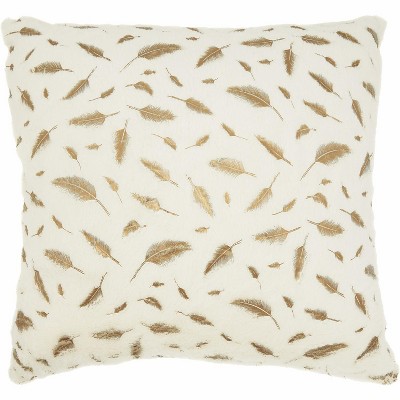 Nourison Fur Metallic Feathers Faux Fur Ivory Gold Throw Pillow - 22" x 22"
