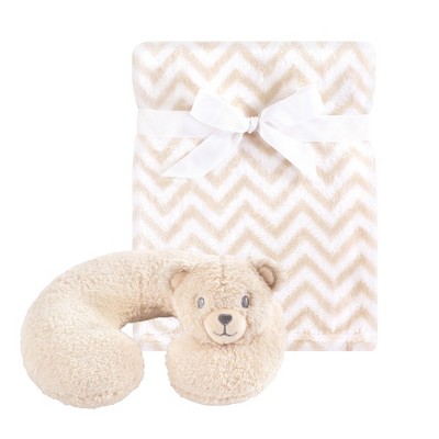 Hudson Baby Infant Neck Pillow and Plush Blanket Set, Tan Bear, One Size