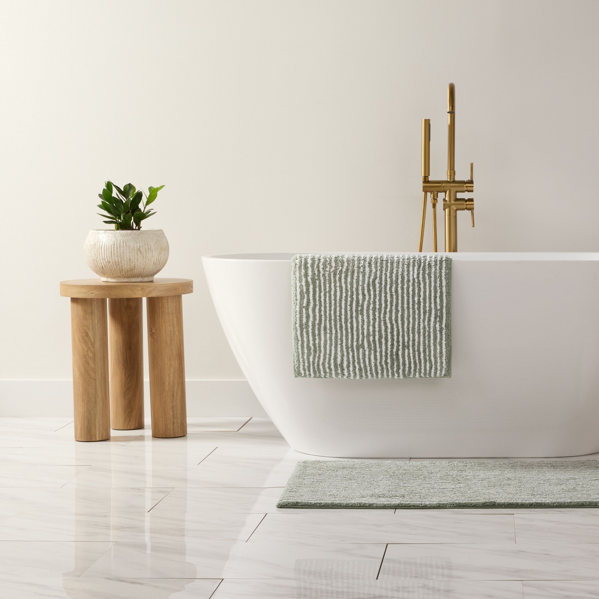 Luxury Cotton Pinstripe Bath Mat, Thick Tufted Bath Rug, Absorbent Non Slip Spa Bathroom Rug, Machine Washable - Becky Cameron, Sage, 34" x 21"