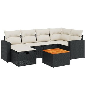 vidaXL Patio Sofa Set with Cushions Outdoor Furniture 7 Piece Poly Rattan - Black and Cream without Storage - 1 of 4