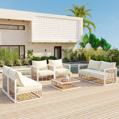 Modern Outdoor Furniture Set, 7 Piece Sofa Set for Free Combination, Sofa with Fabric Cushions and Metal Frame-Coolbibila