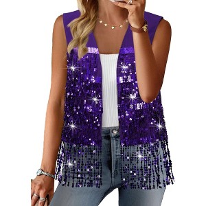 Nlife Women's Solid Color Sparkly Sequin Fringed Trim Sleeveless Glitter Jacket - 1 of 4