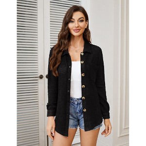 Waffle Button Down Shirt Women Dressy Casual Knit Tops Long Sleeve Loose Fit Shacket with Pocket - 1 of 4