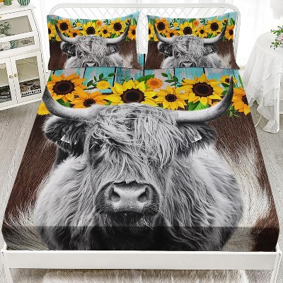 Boersma Highland Cow Flower Sheet Set Queen Size – 4-Piece Bedding with 1 Flat Sheet, 1 Fitted Sheet & 2 Pillowcases, Farmhouse Cattle Design