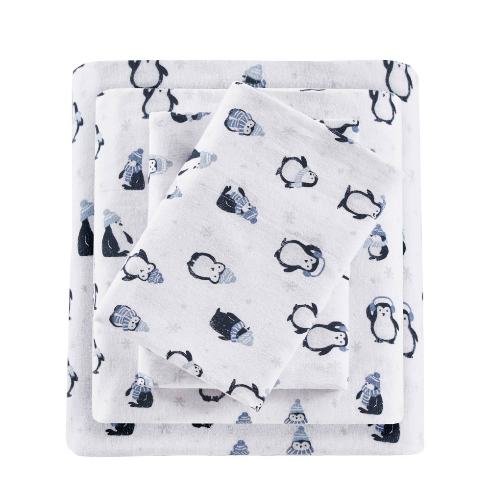 Photos - Bed Linen Twin XL Printed Cotton Flannel Sheet Set Blue Penguins