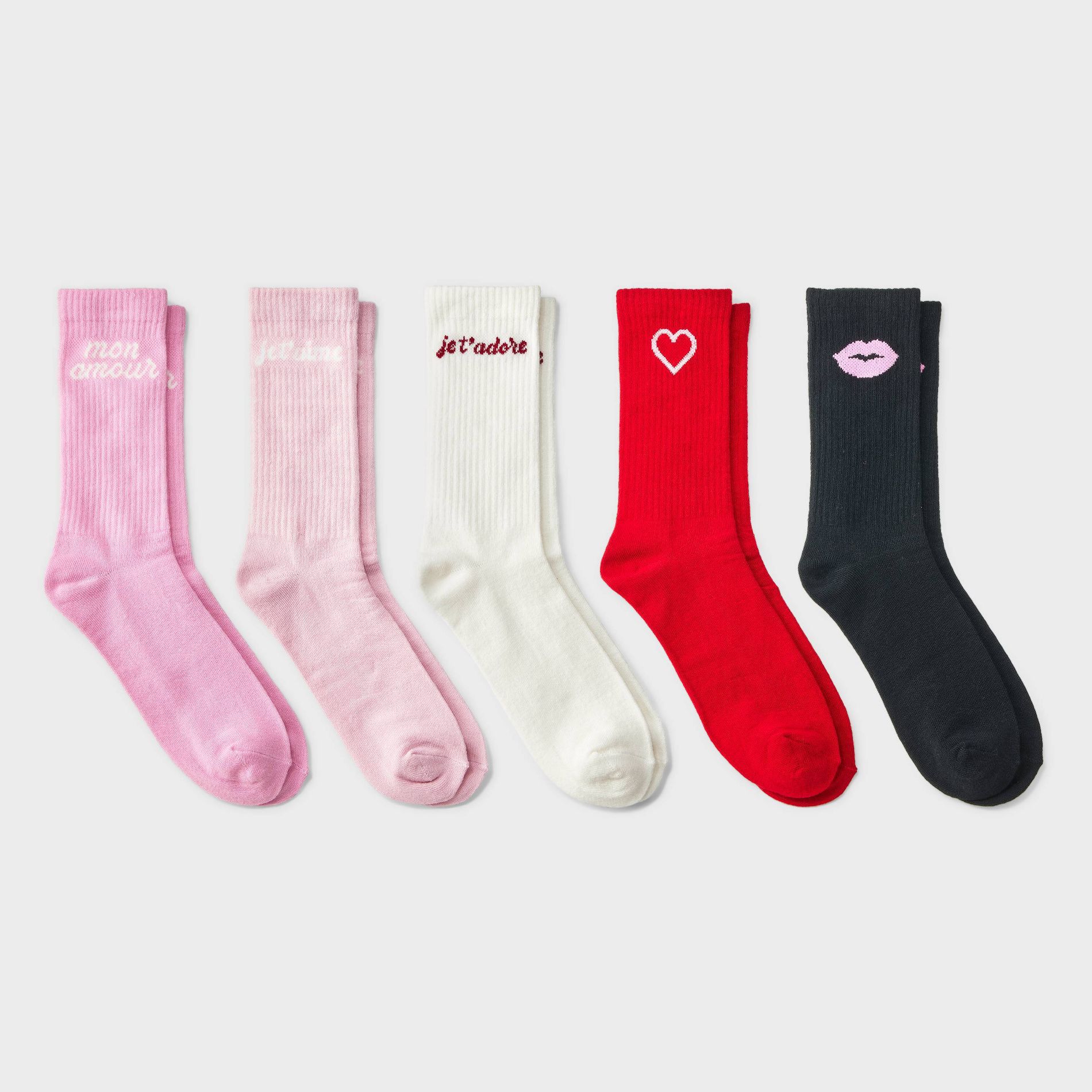 Women's 'Je T'aime' Ribbed Valentine's Day 5pk Crew Socks - Wild Fable™ Assorted Colors 4-10