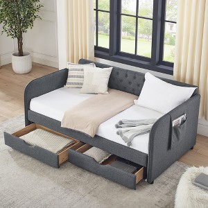 Twin Size Upholstered Daybed with Trundle Bed and Two Storage Drawers for Bedroom or Guest Room - 1 of 4