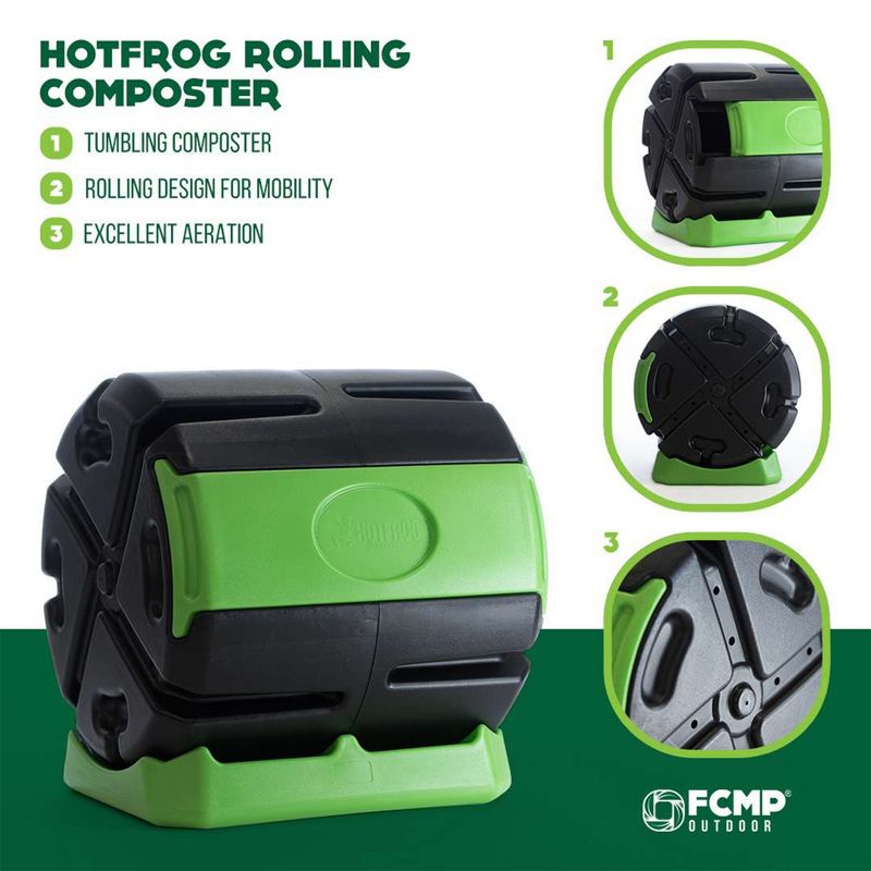 FCMP Outdoor HOTFROG 37 Gallon Single Chamber Quick Curing Tumbling Composter Outdoor Rotating Garden Compost Bin Green/Black, 6 of 8