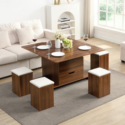 39'' MDF Wood Lift‑Top Coffee Table with Hidden Storage for Living Room,Multi-Functional Coffee Table with 4 Stools for Small Space-Coolbibila
