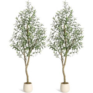 Artificial Olive Tree Indoor, Tall Faux Silk Potted Plant with White Planter, Natural Wood Trunk & Lifelike Olives for Home/Office Decor - 1 of 4