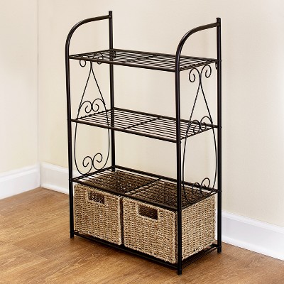 Lakeside Decorative Metal Shelves With 2 Pullout Seagrass Baskets for Bathroom Storage