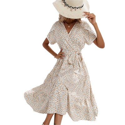 Women Side Slit Midi Sundress Floral V Neck Faux Wrap Summer Casual Dress Smoked Belted Dress Beach Dress Vacation Resorts Outfits