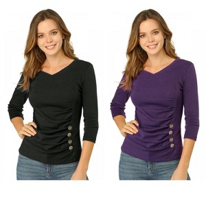 INSPIRE CHIC Women's V Neck 3/4 Sleeves Solid Knitted Buttons Decor Ruched Blouse 2 Packs - 1 of 4
