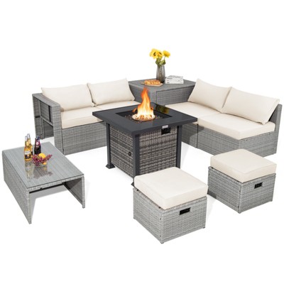 Tangkula 9 Pieces Outdoor Patio Furniture Set w/ 32" Propane Fire Pit Table Sectional Sofa Set w/ Storage Box Black/Gray/Navy/Red/Turquoise/Off White