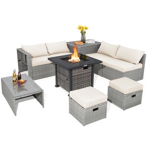 Tangkula 9 Pieces Outdoor Patio Furniture Set w/ 32" Propane Fire Pit Table Sectional Sofa Set w/ Storage Box Black/Gray/Navy/Red/Turquoise/Off White - 1 of 4