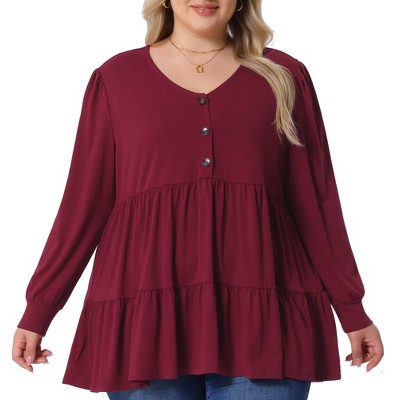 Agnes Orinda Women's Plus Size Babydoll V Neck Long Sleeve Winter Casual Button Half Placket Blouse