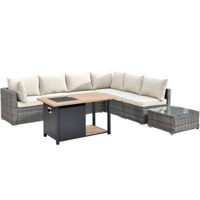 Venice 8-Piece Beige Wicker Outdoor Sofa Set with Fire Pit