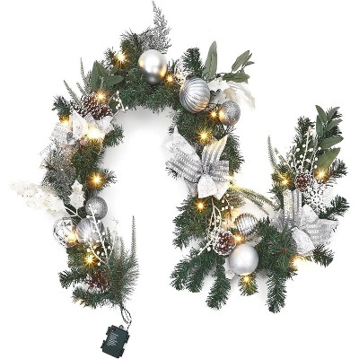 6ft Silver Pre-Lit Garland with 20 Battery-Operated Lights, Ball Ornaments, Ribbons and Bows for Indoor/Outdoor Decor