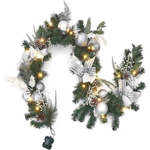 6ft Silver Pre-Lit Garland with 20 Battery-Operated Lights, Ball Ornaments, Ribbons and Bows for Indoor/Outdoor Decor - 1 of 4