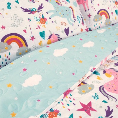 Unicorn Heart Multicolor Microfiber Twin Quilt Set
