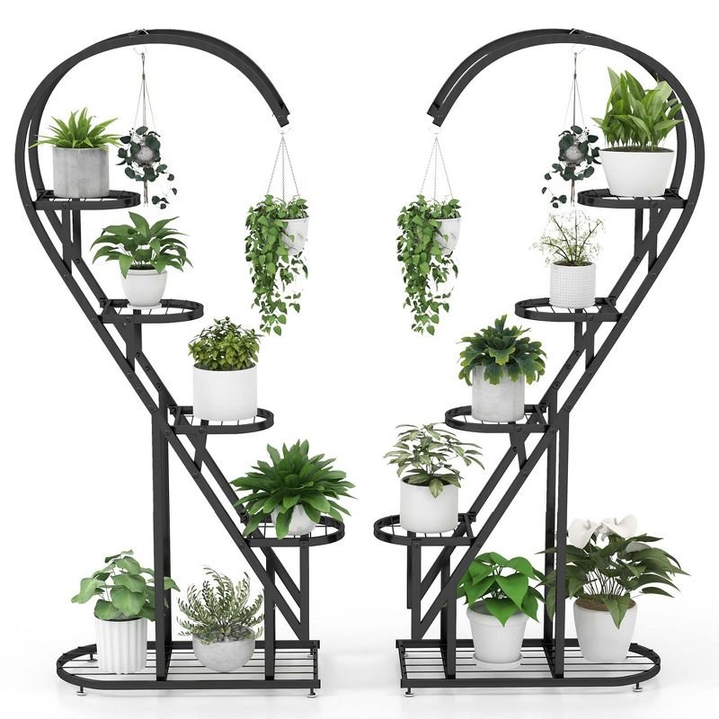 Costway 5 Tier Metal Plant Stand Heart-shaped Shelf with Hanging Hook for Multiple Plants Black/White/Pink & Blue, 1 of 10