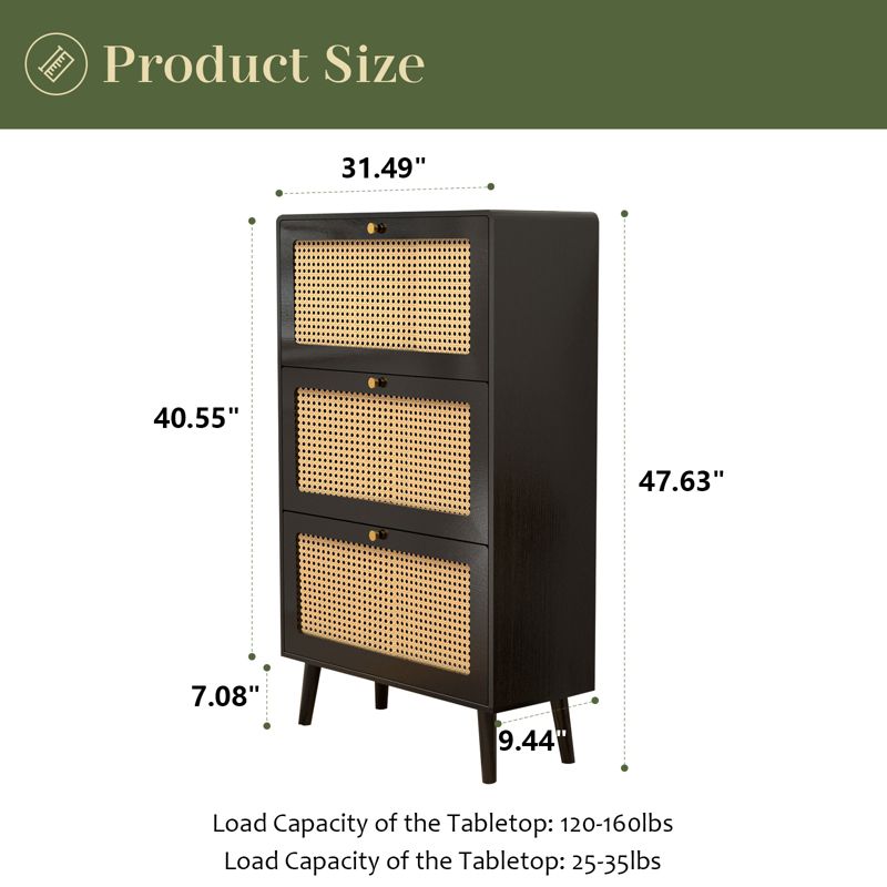 31.49" Rattan Narrow Shoe Cabinet with 3 Filp Drawers, Freestanding Shoe Storage Organizer for Entryway 4M - ModernLuxe, 3 of 8